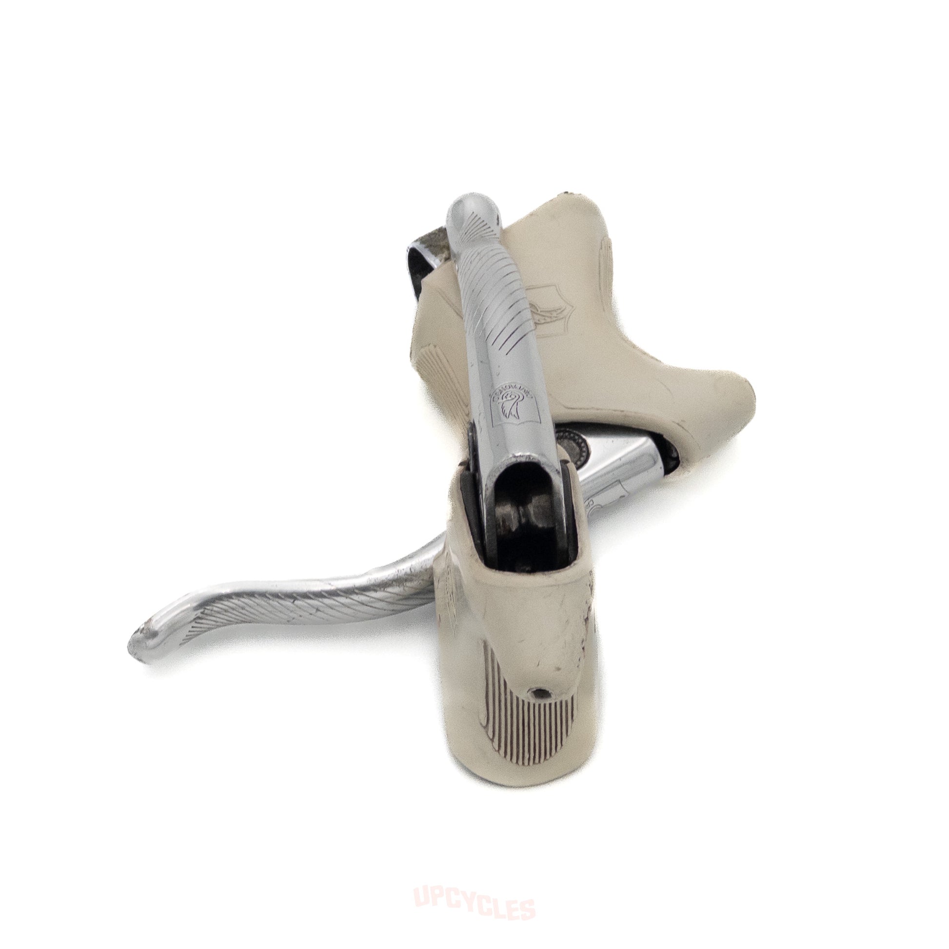 Campagnolo C-Record 1st gen brake levers with white hoods - top view of cable guides