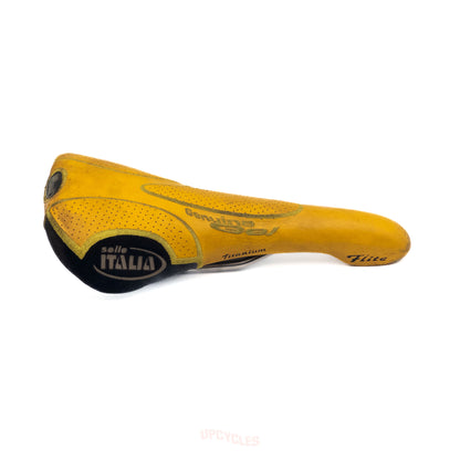 Selle Italia Flite Titanium Genuine GEL saddle, yellow leather w/ black accents