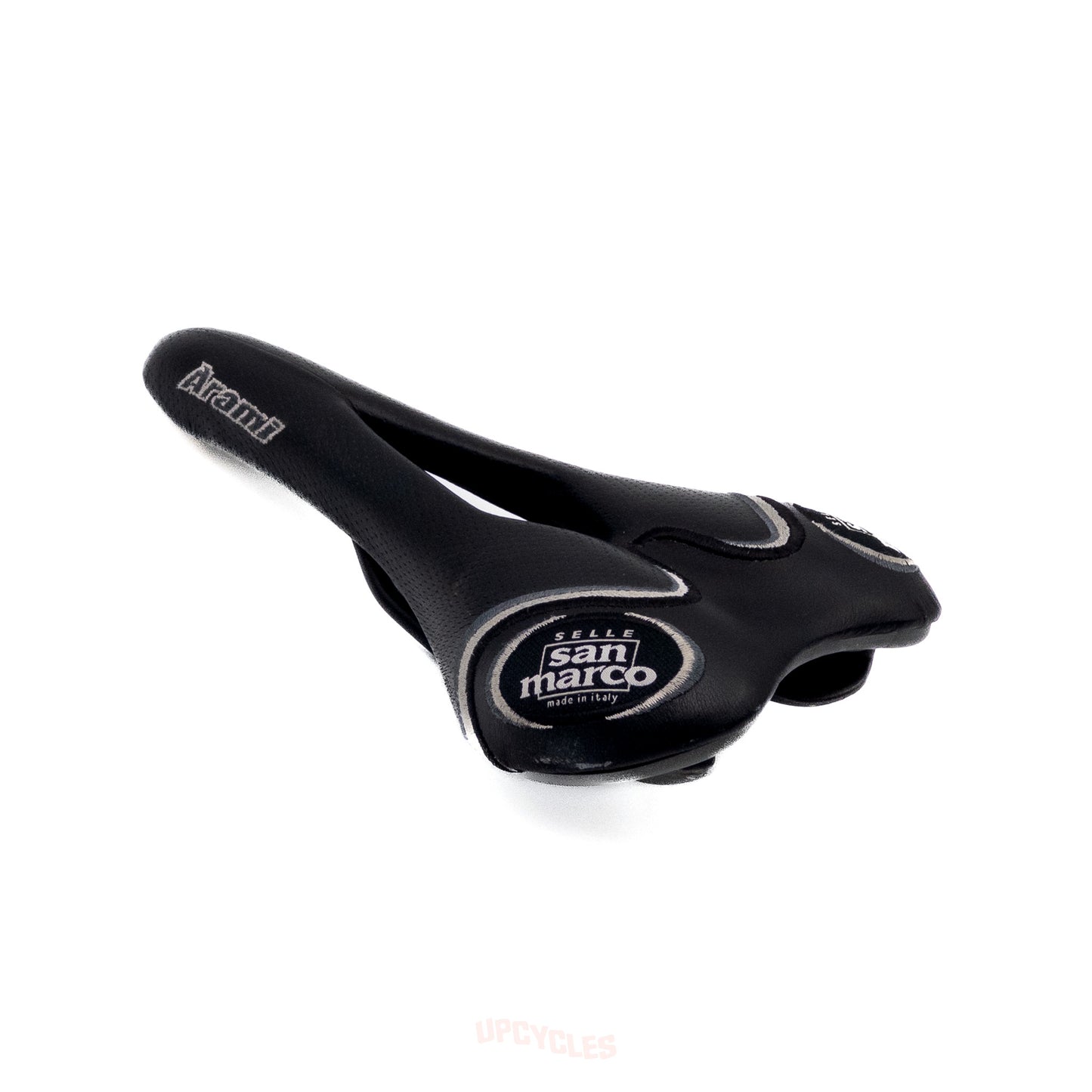 Selle San Marco Arami saddle, non-slip black leather w/ cutout center